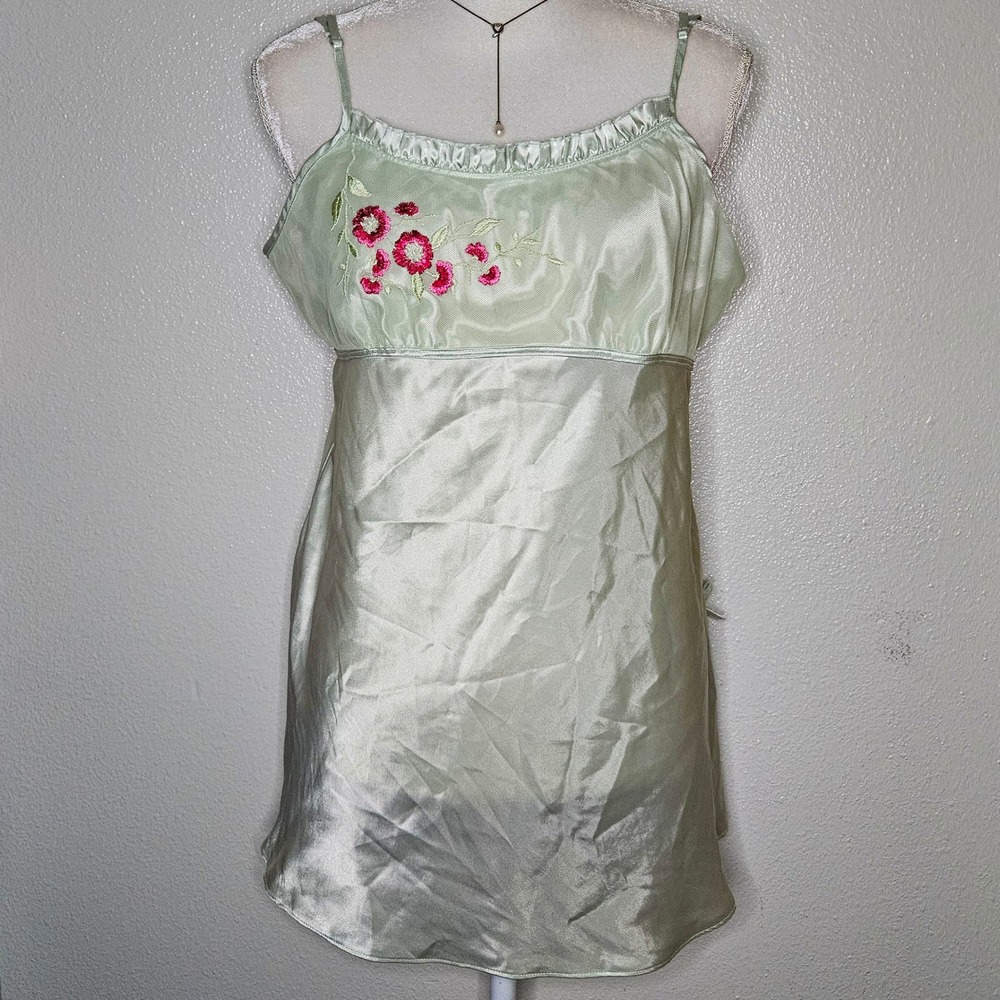 Gilligan & O'Malley Sage Green Satin Floral Embroidered Chemise Nightgown